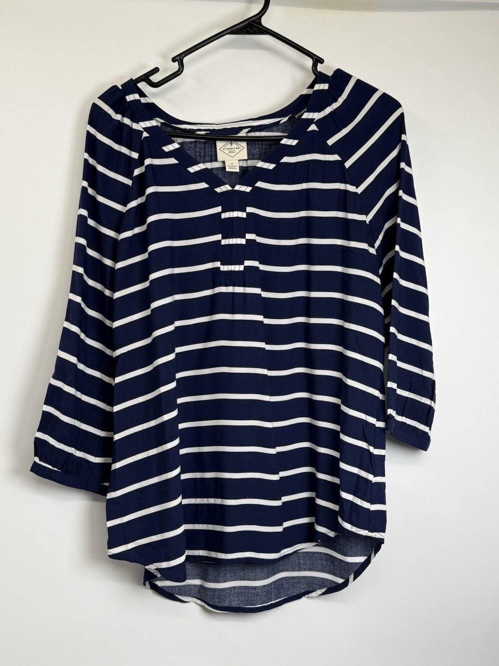 St John’s Bay Medium Blue White Striped Rayon Peasant Blouse Coastal Cottage